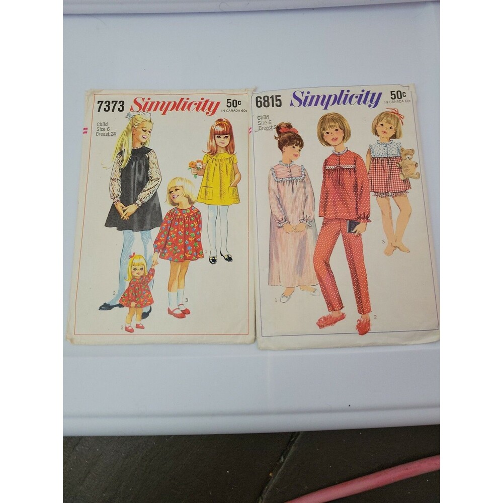 Vtg Simplicity Patterns Child Size 6 1967 Dress Doll 1966 Pajamas 6815 7373 Kids